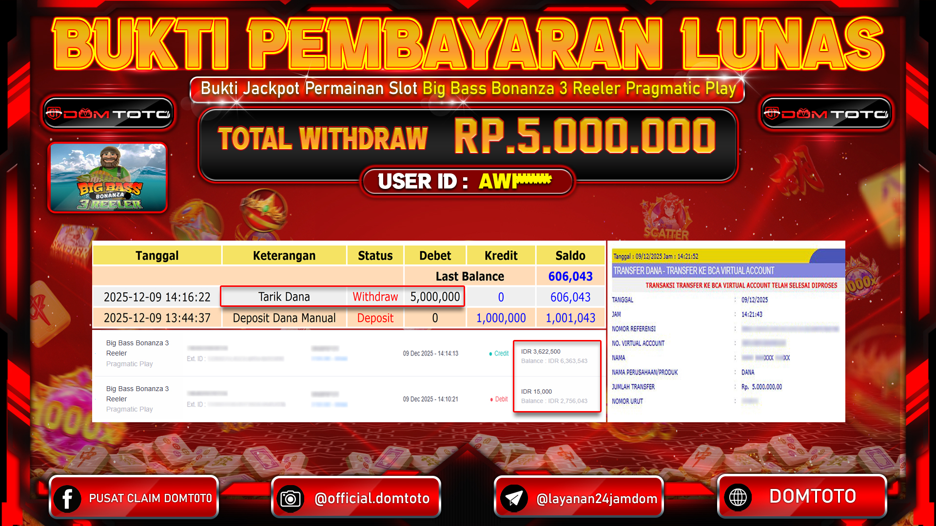 JACKPOT Slot Big Bass Bonanza 3 Reeler Pragmatic Play 09 DECEMBER 2025